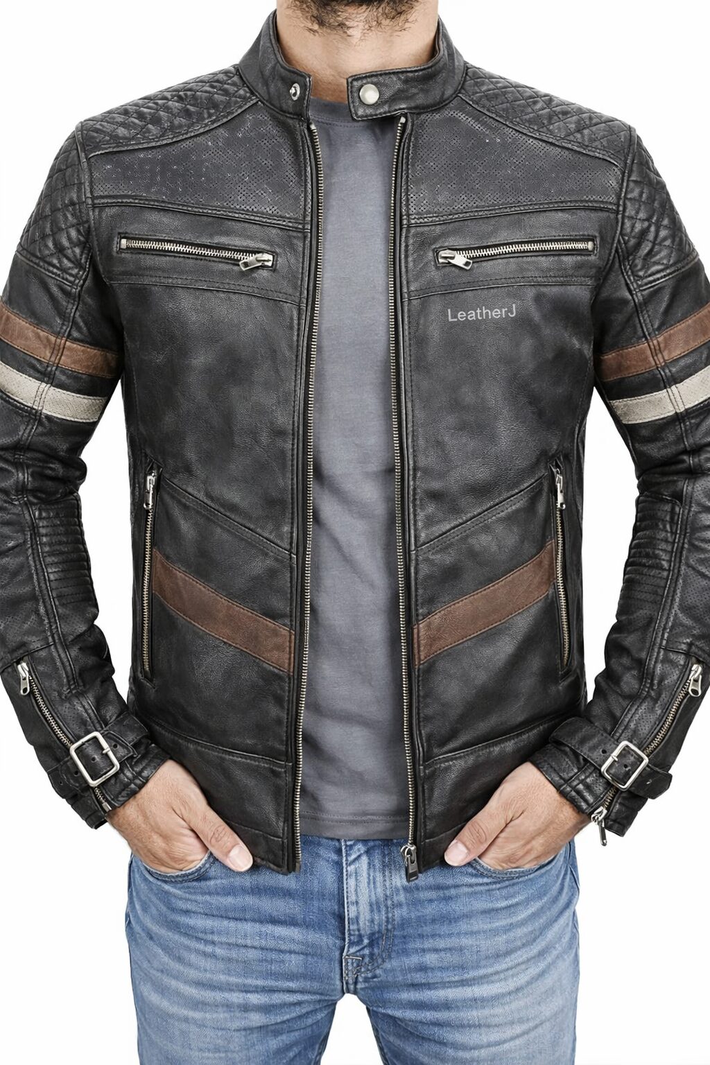 Men’s Black Distressed Leather Biker Jacket with Quilted Shoulders & Striped Sleeves