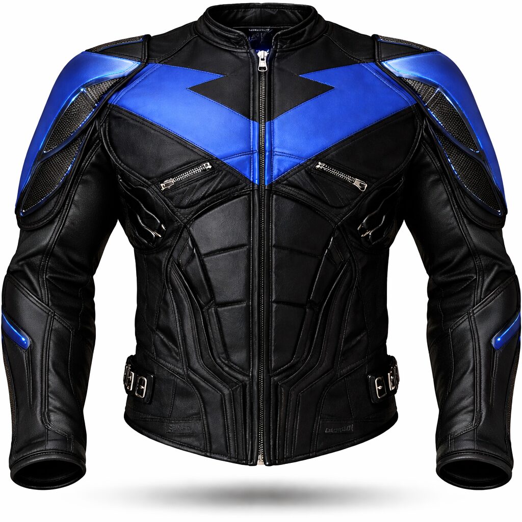Men’s Black & Blue Armored Motorcycle Leather Jacket – Futuristic Rider Style
