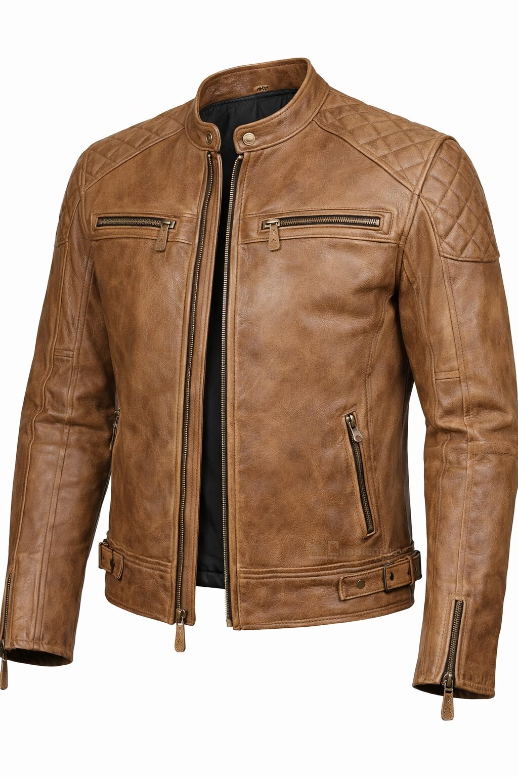 Vintage Tan Quilted Biker Leather Jacket – Slim Fit