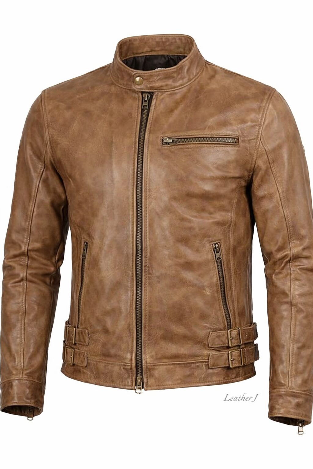Men’s Tan Brown Racer Leather Jacket – Slim Fit Vintage Style | LeatherJ Edition