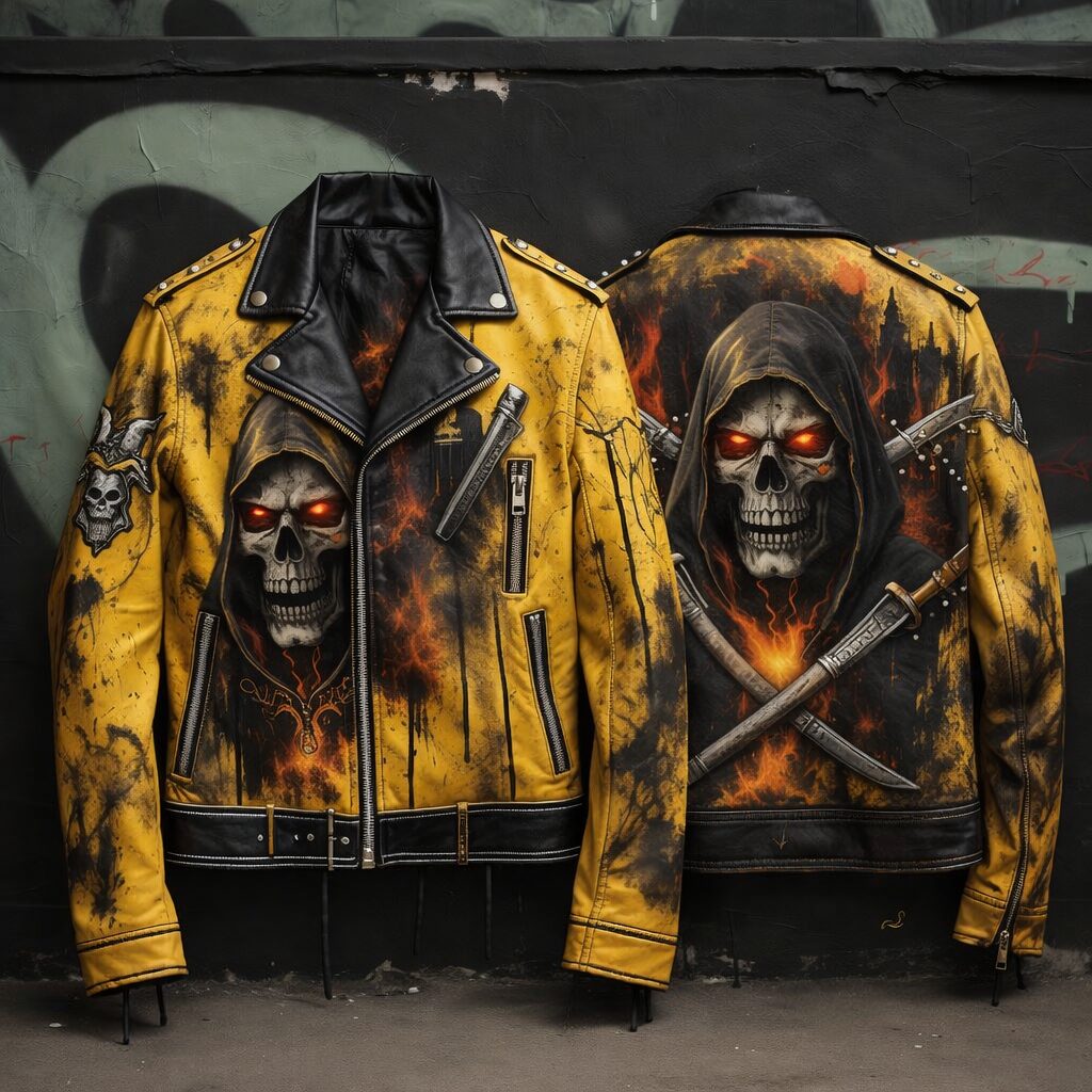 Yellow Gothic Skull Biker Leather Jacket – Bold Streetwear Statement Piece