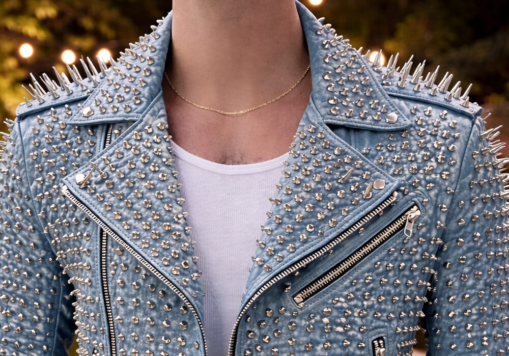 Sky Blue Studded Spike Biker Leather Jacket