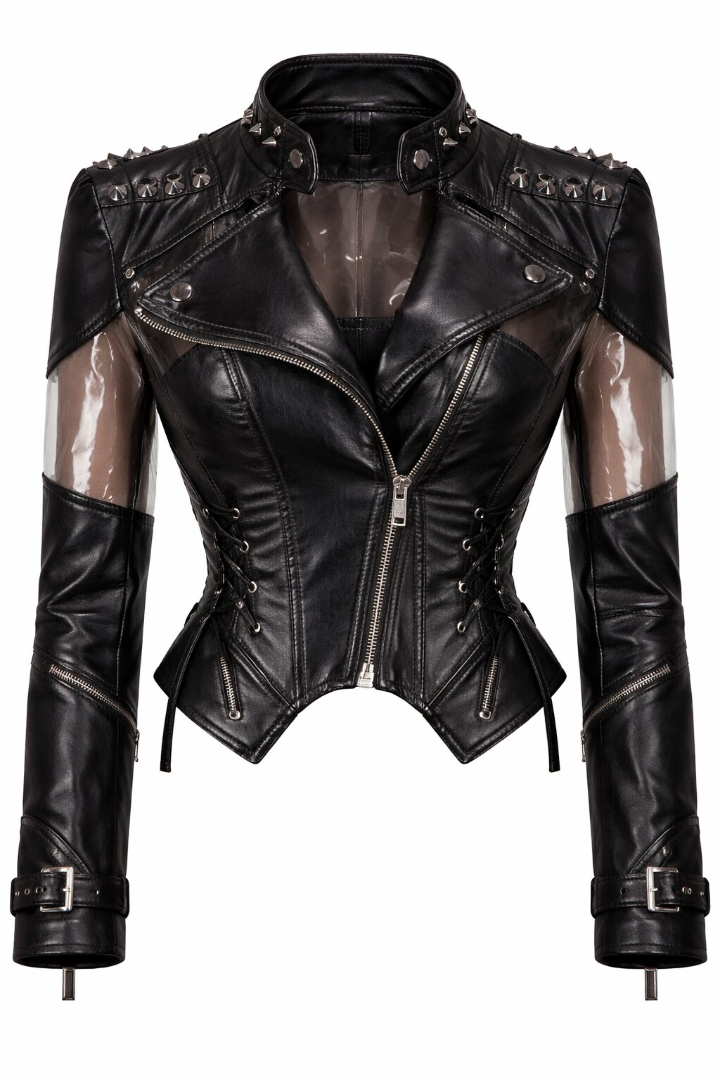 Edgy Transparent Panel Leather Moto Jacket