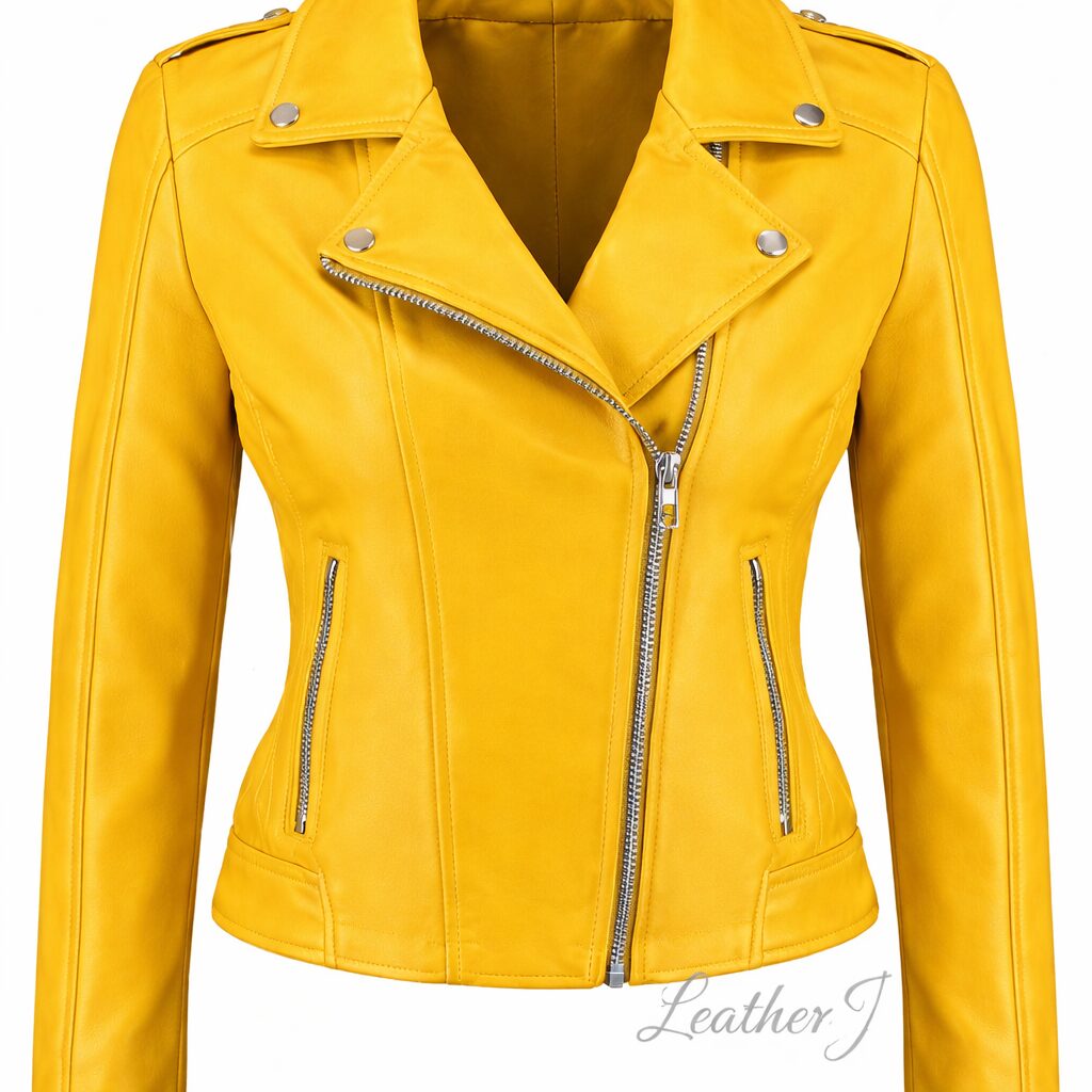 Women’s Yellow Leather Biker Jacket – Classic Zip Style