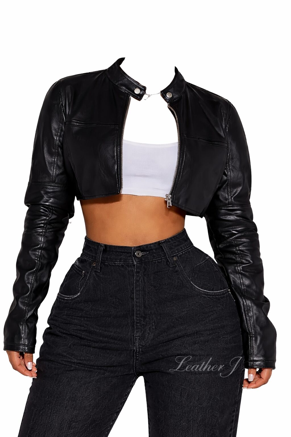 Women’s Black Cropped Leather Jacket – Sleek Modern Fit
