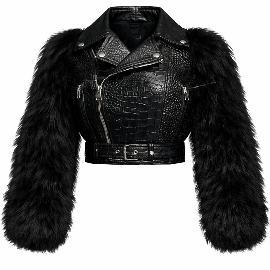 Women’s Black Croc-Embossed Leather Jacket with Faux Fur Sleeves