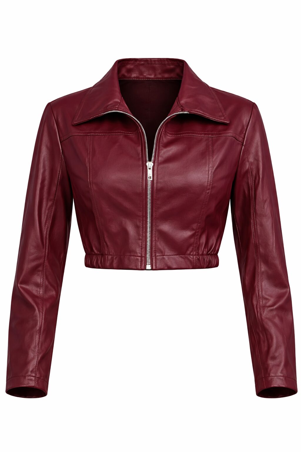 Women’s Burgundy Cropped Leather Jacket – Chic Zip-Up Style