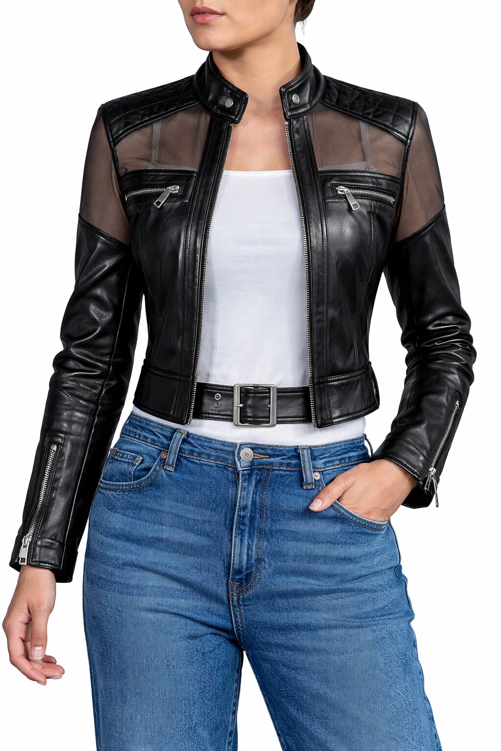 Modern Cropped Black Leather Jacket with Transparent Panels