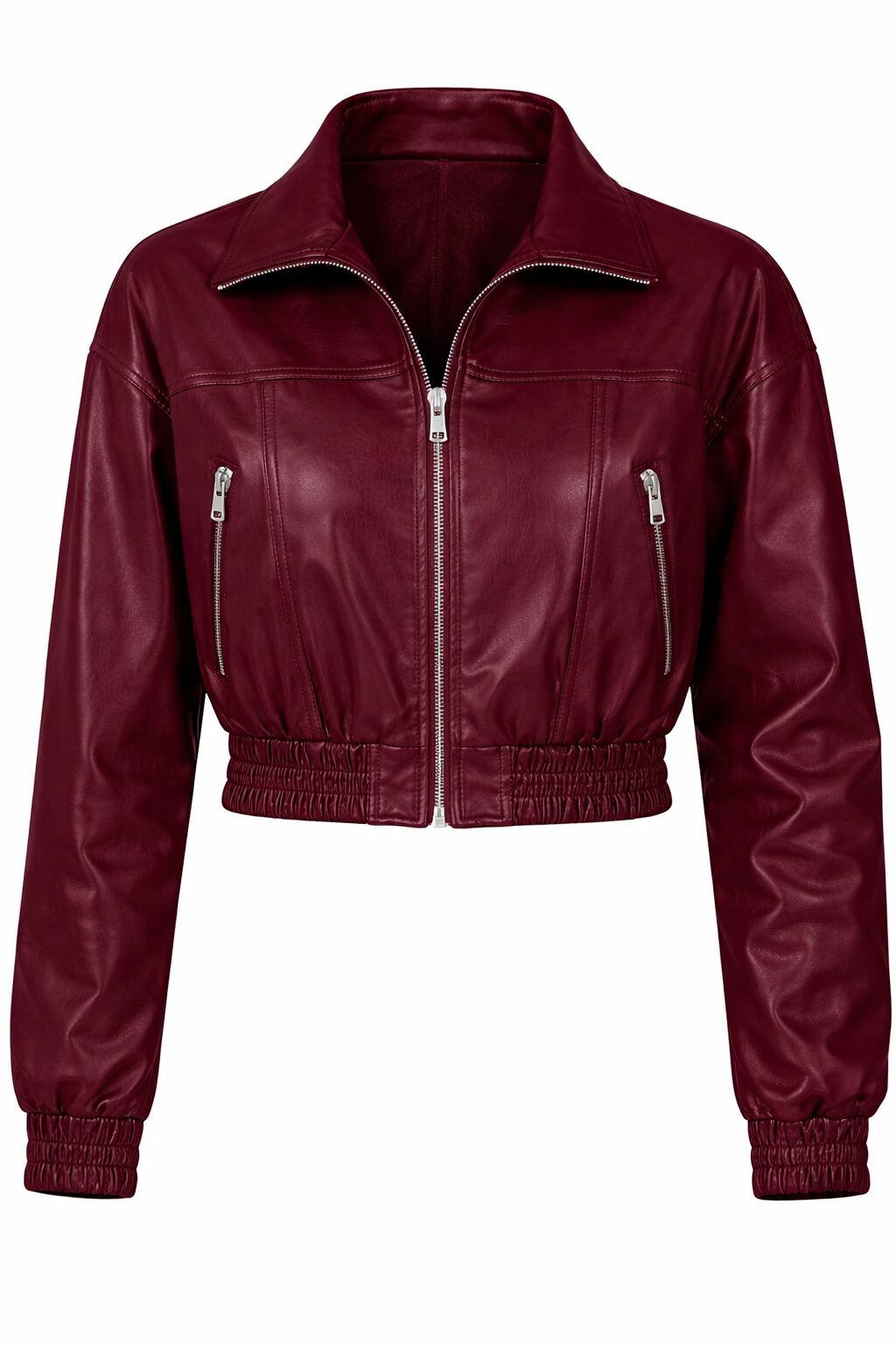Women’s Cropped Burgundy Leather Bomber Jacket