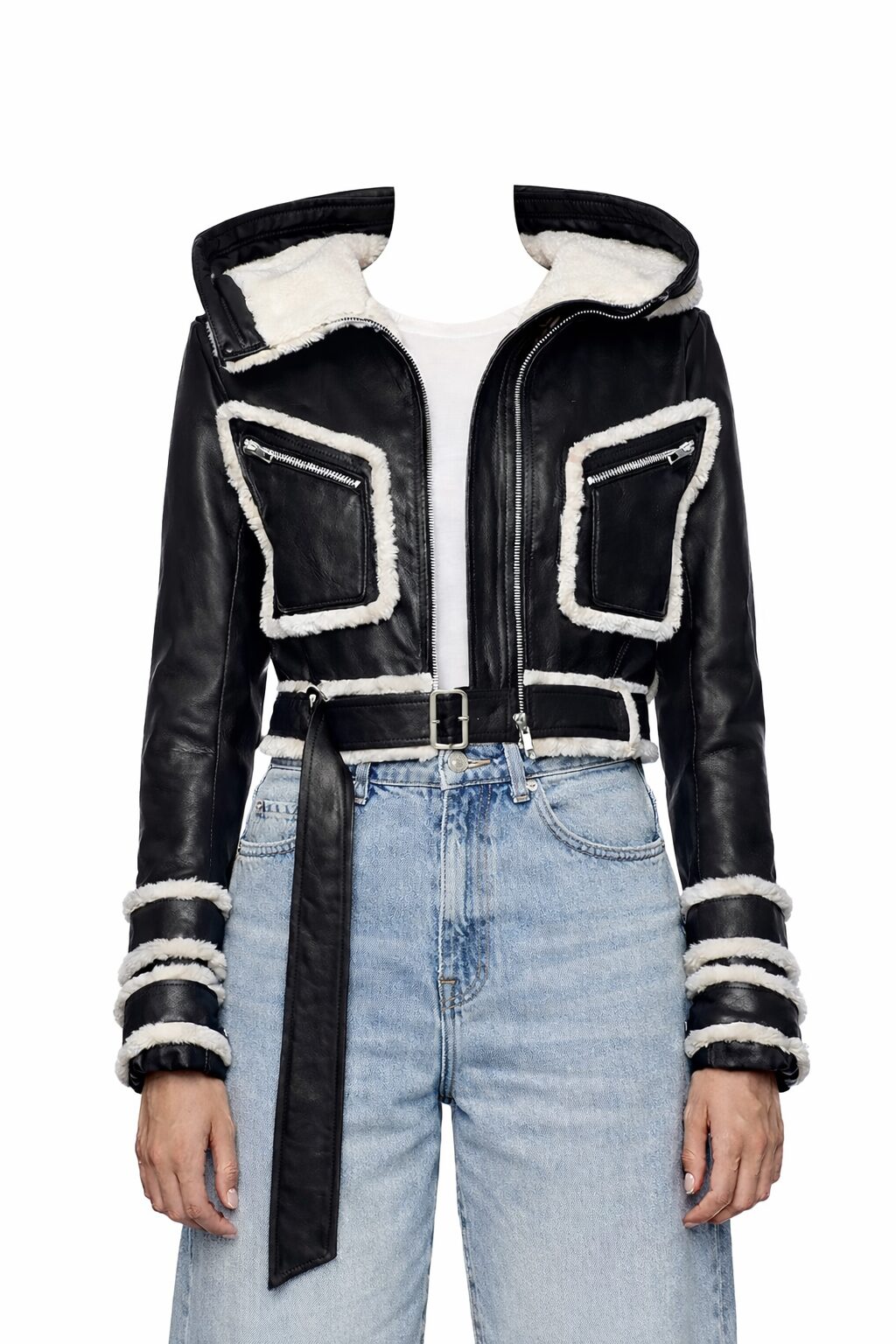 Women's Cropped Hooded Leather Jacket