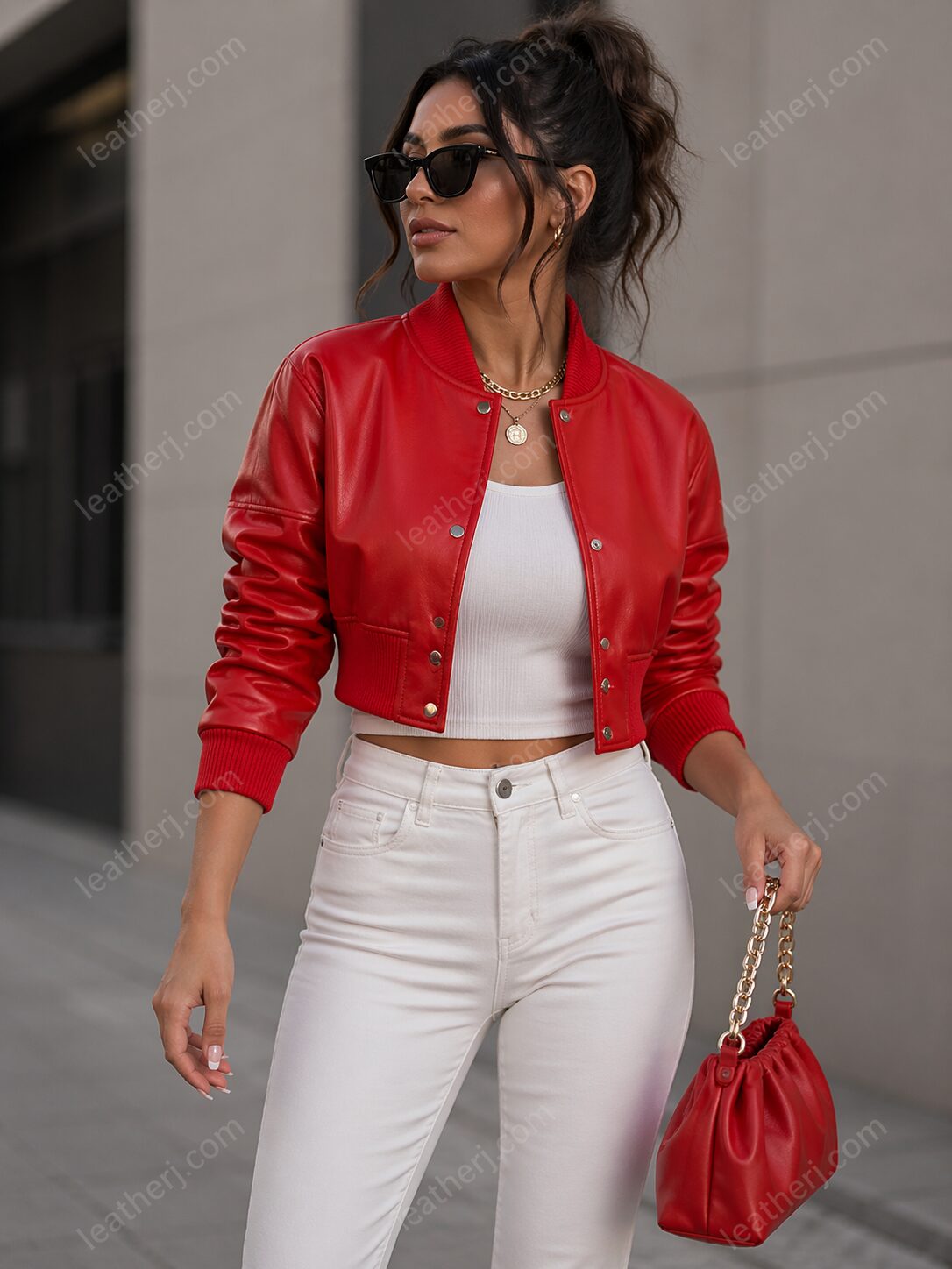 Red Cropped Leather Bomber Jacket