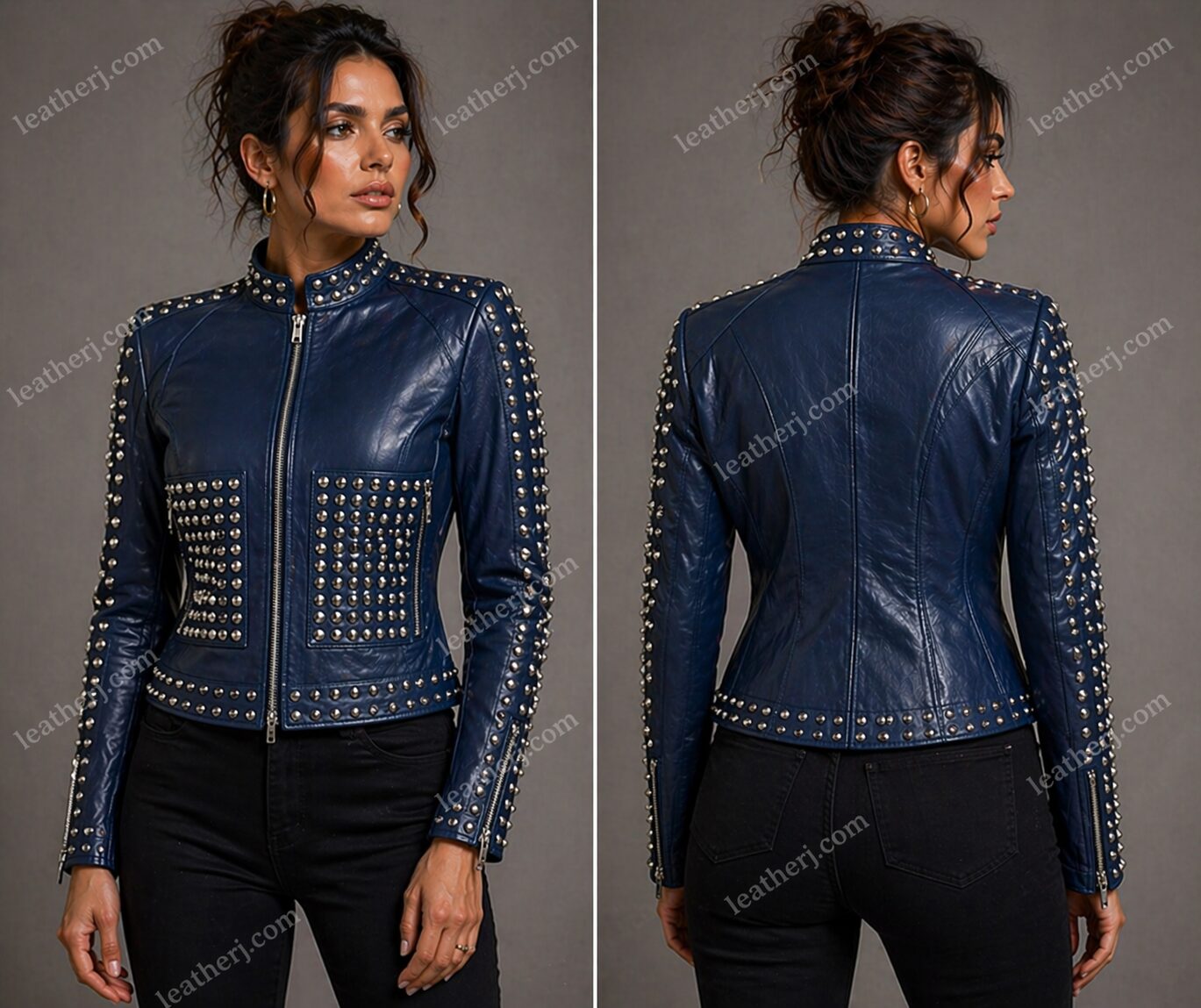 Blue Studded Collar & Sleeve Leather Jacket