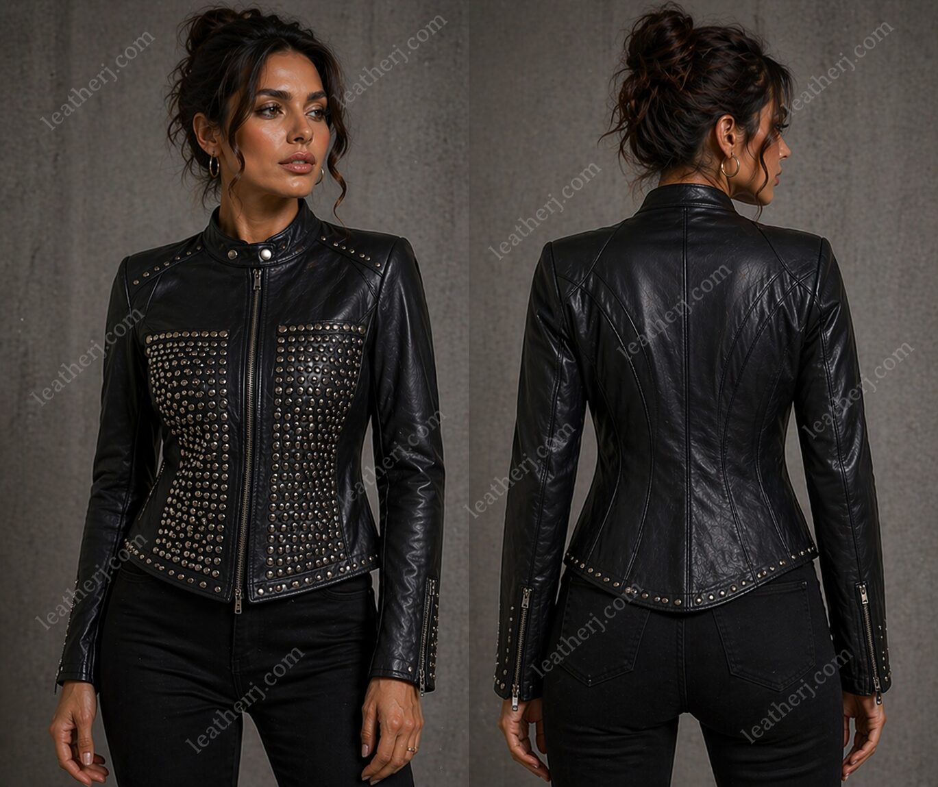 Black Studded Front Pocket Leather Jacket