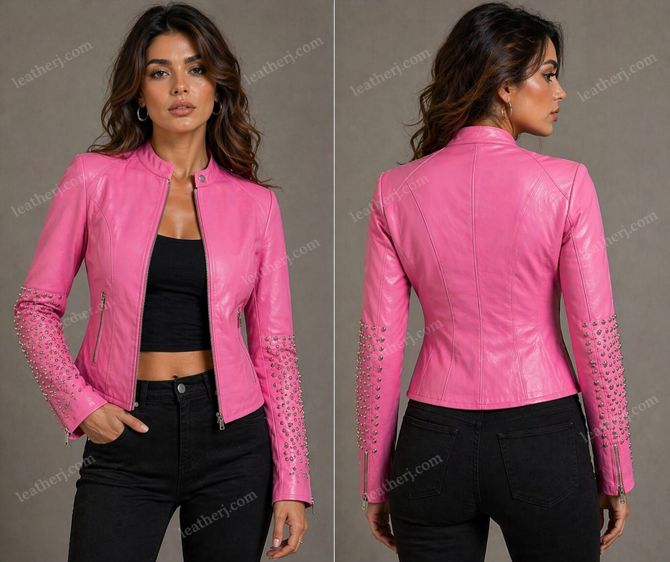 Barbie Pink Studded Sleeve Leather Jacket
