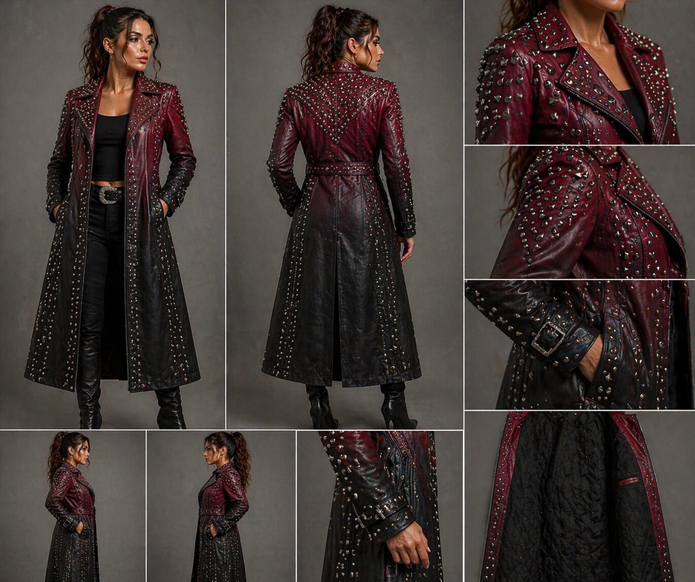 Ombre Black & Maroon Studded Leather Trench Coat