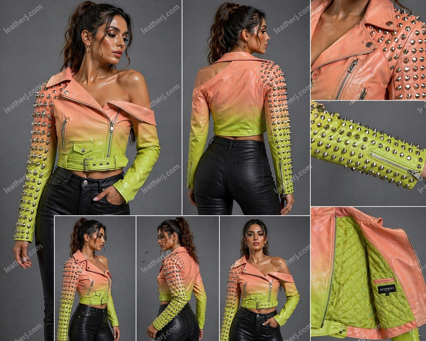 Ombre One-Shoulder Studded Crop Leather Jacket
