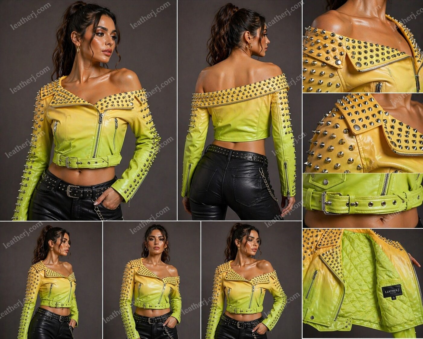 Yellow Lime Ombre Studded Off-Shoulder Crop Leather Jacket