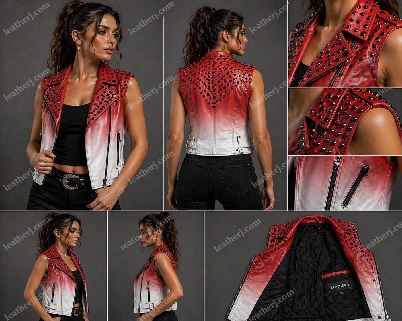 Red & White Ombre Studded Sleeveless Leather Jacket
