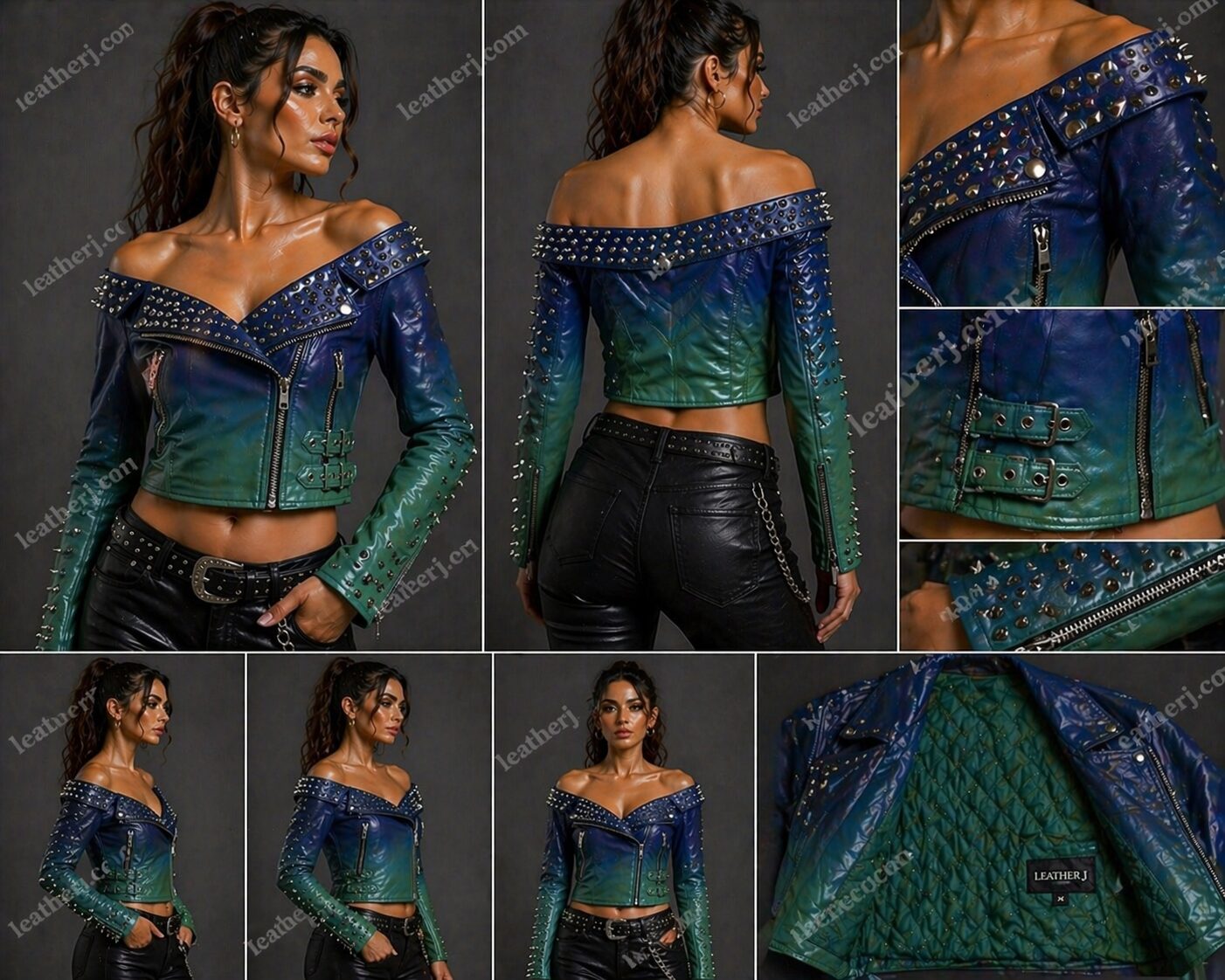Blue & Green Ombre Off-Shoulder Studded Crop Leather Jacket