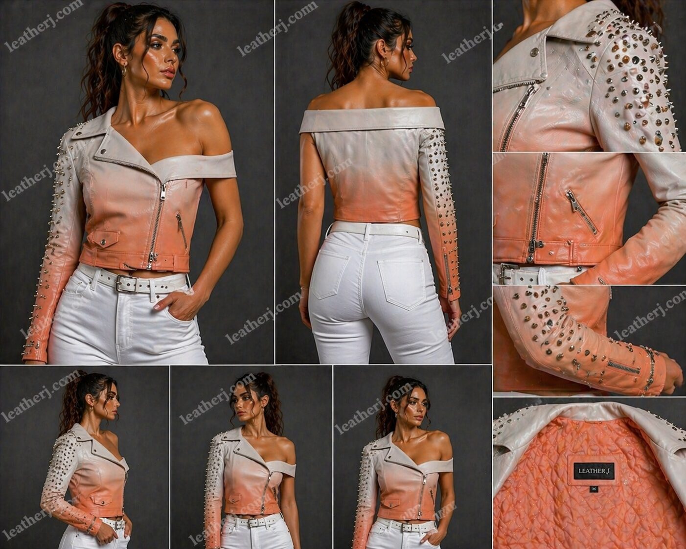 Dove & Peach Ombre One-Shoulder Studded Leather Jacket