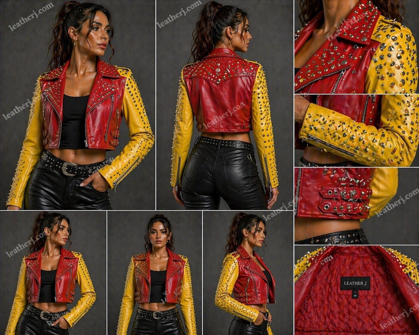 Red & Yellow Studded Crop Leather Jacket