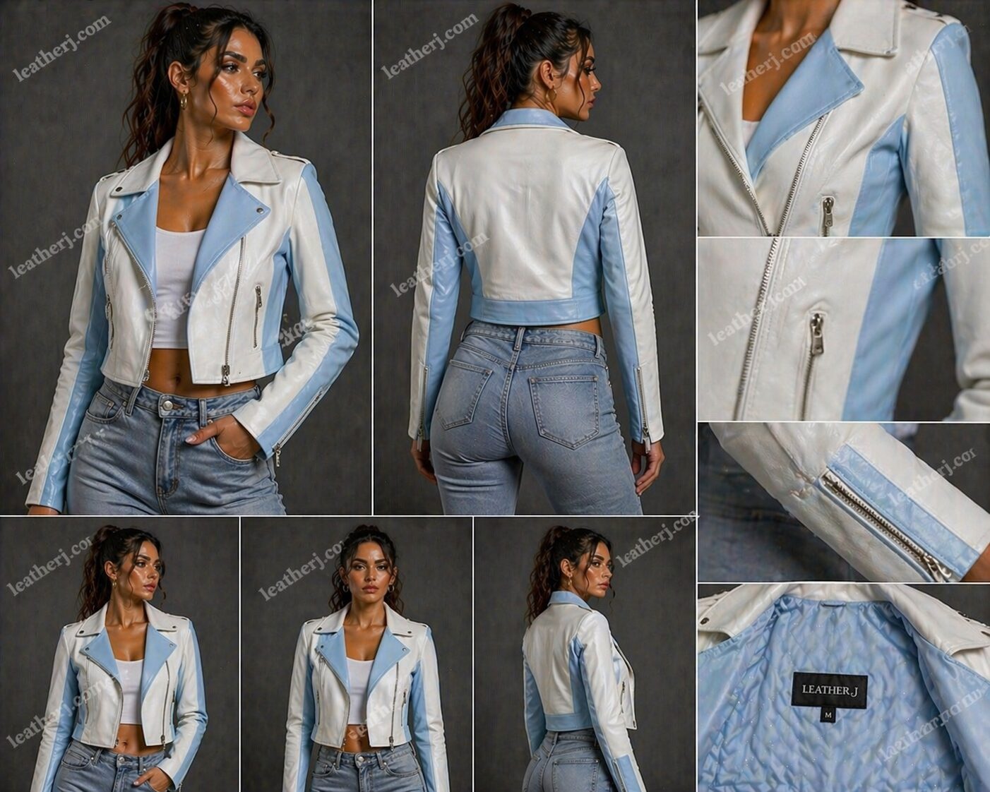 White & Baby Blue Minimal Leather Jacket
