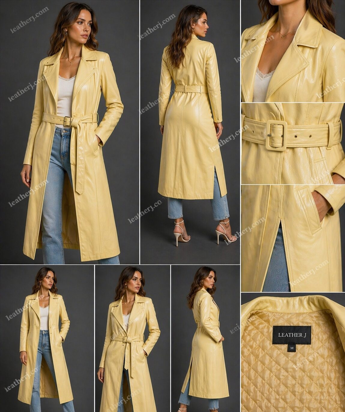Light Yellow Belted Leather Trench Coat