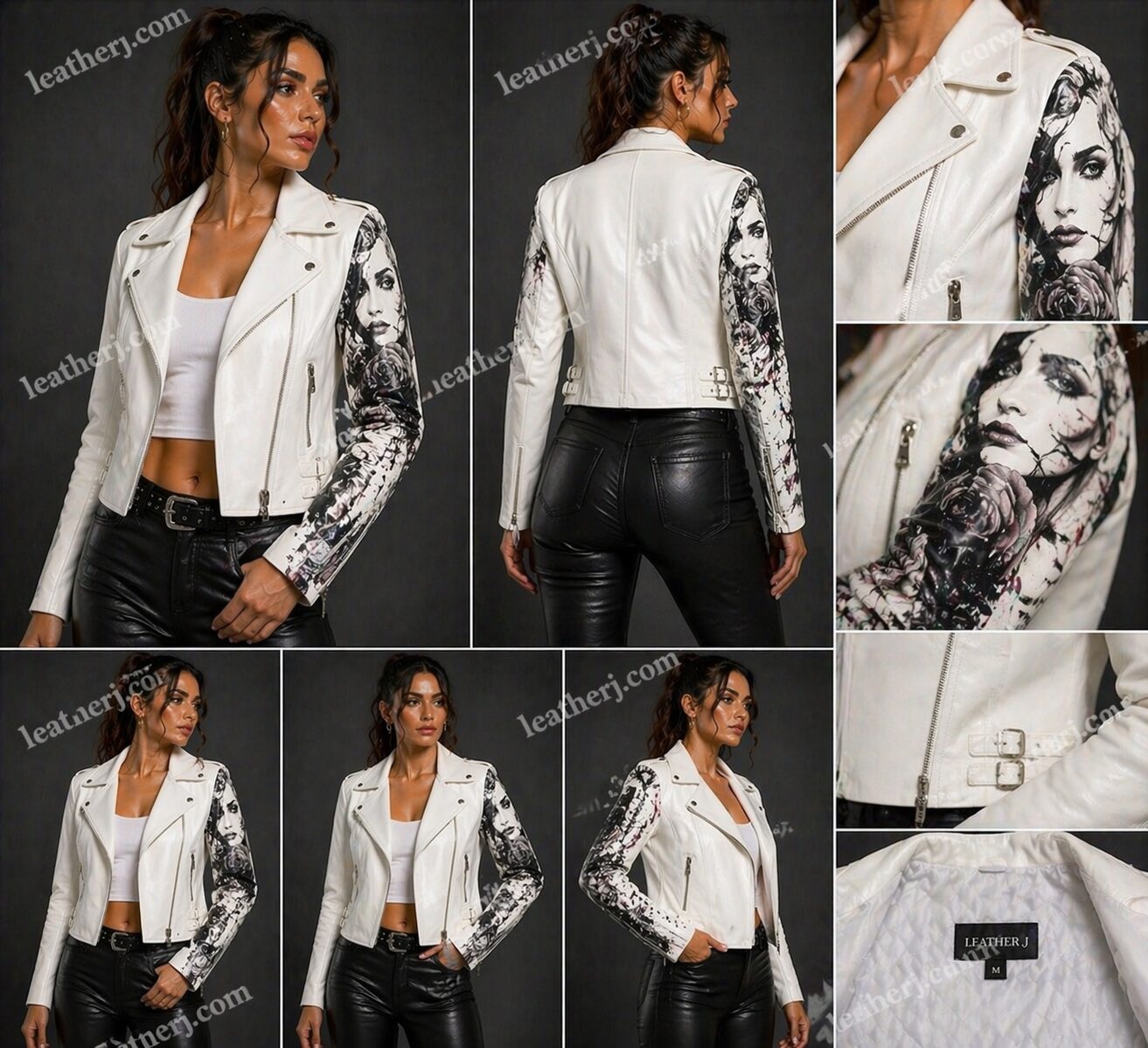 White Printed Sleeve Leather Jacket