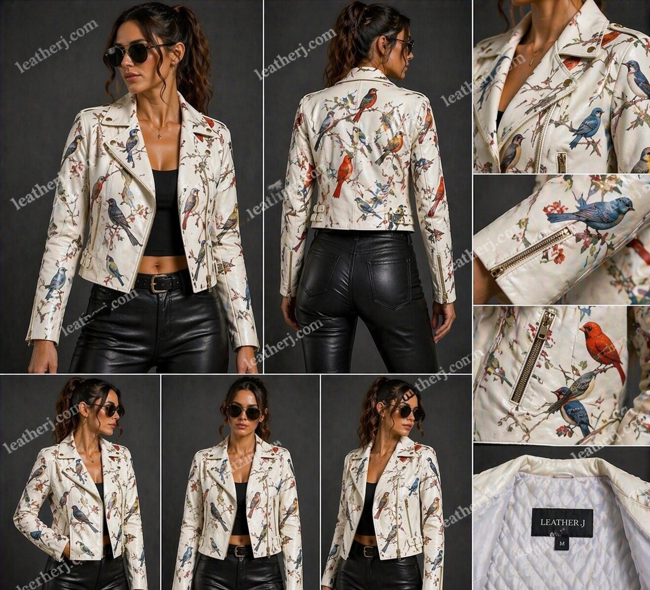 Floral Bird Print Leather Jacket