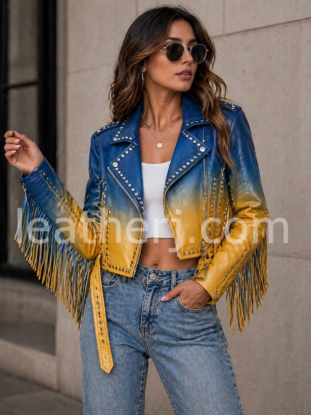 Ombre Blue & Yellow Studded Fringe Leather Jacket – Bold Western Chic