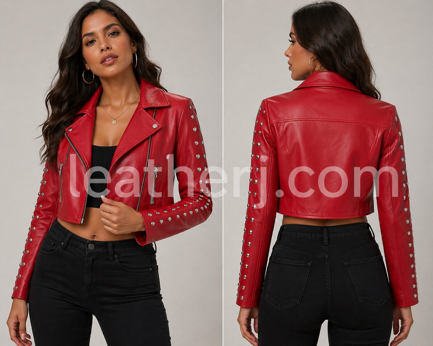 Red Studded Cropped Leather Jacket – Bold Moto Statement