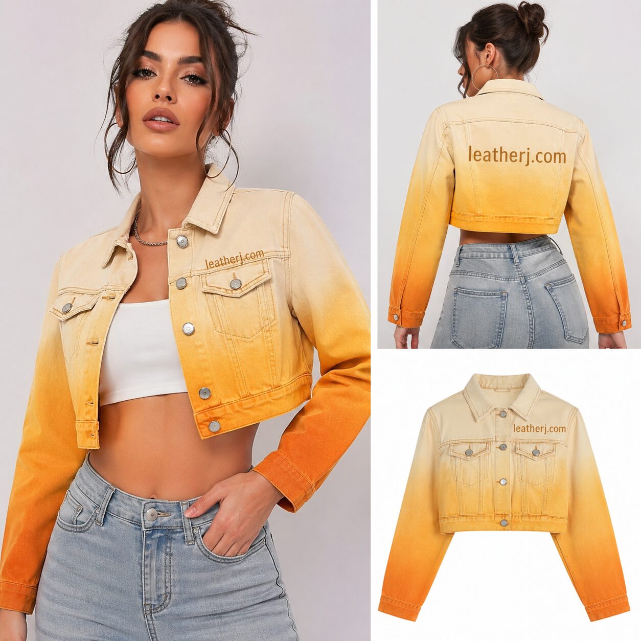 Ombre Crop Denim Jacket – Skin to Yellow Orange Fade | leatherj.com