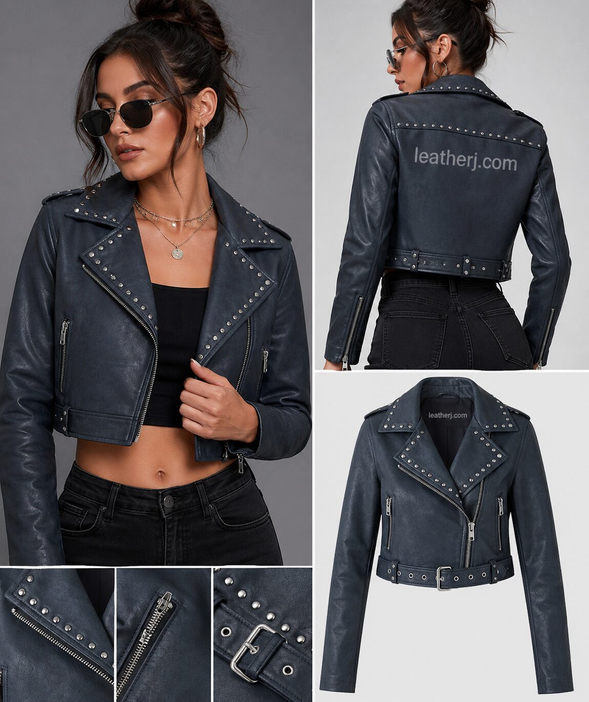 Dark Grey & Deep Blue Studded Cropped Biker Jacket – leatherj.com