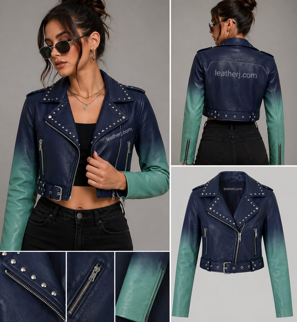 Navy Blue Cropped Biker Jacket with Sea Green Ombre Sleeves – leatherj.com
