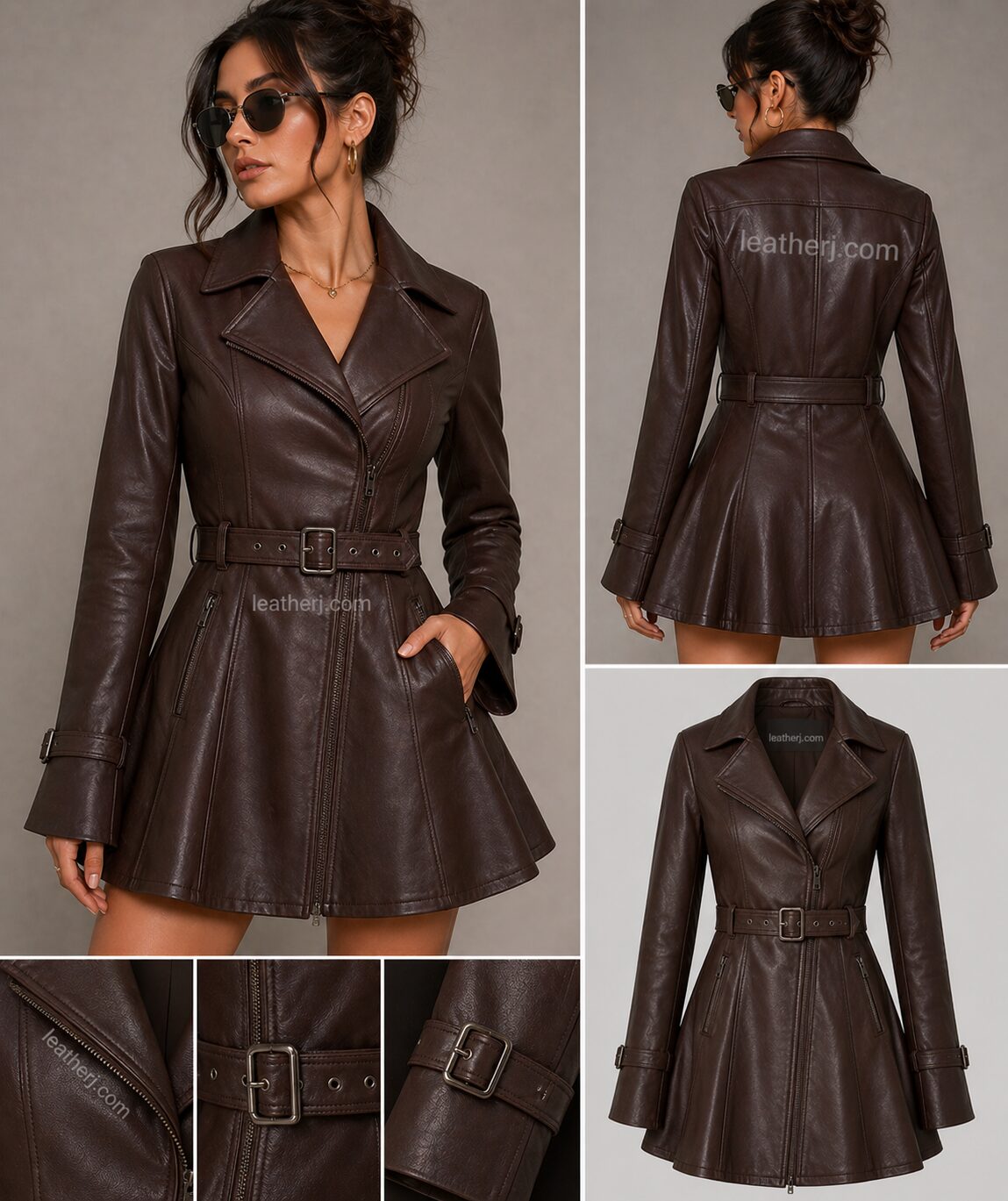Dark Brown Frock-Style Leather Jacket for Women