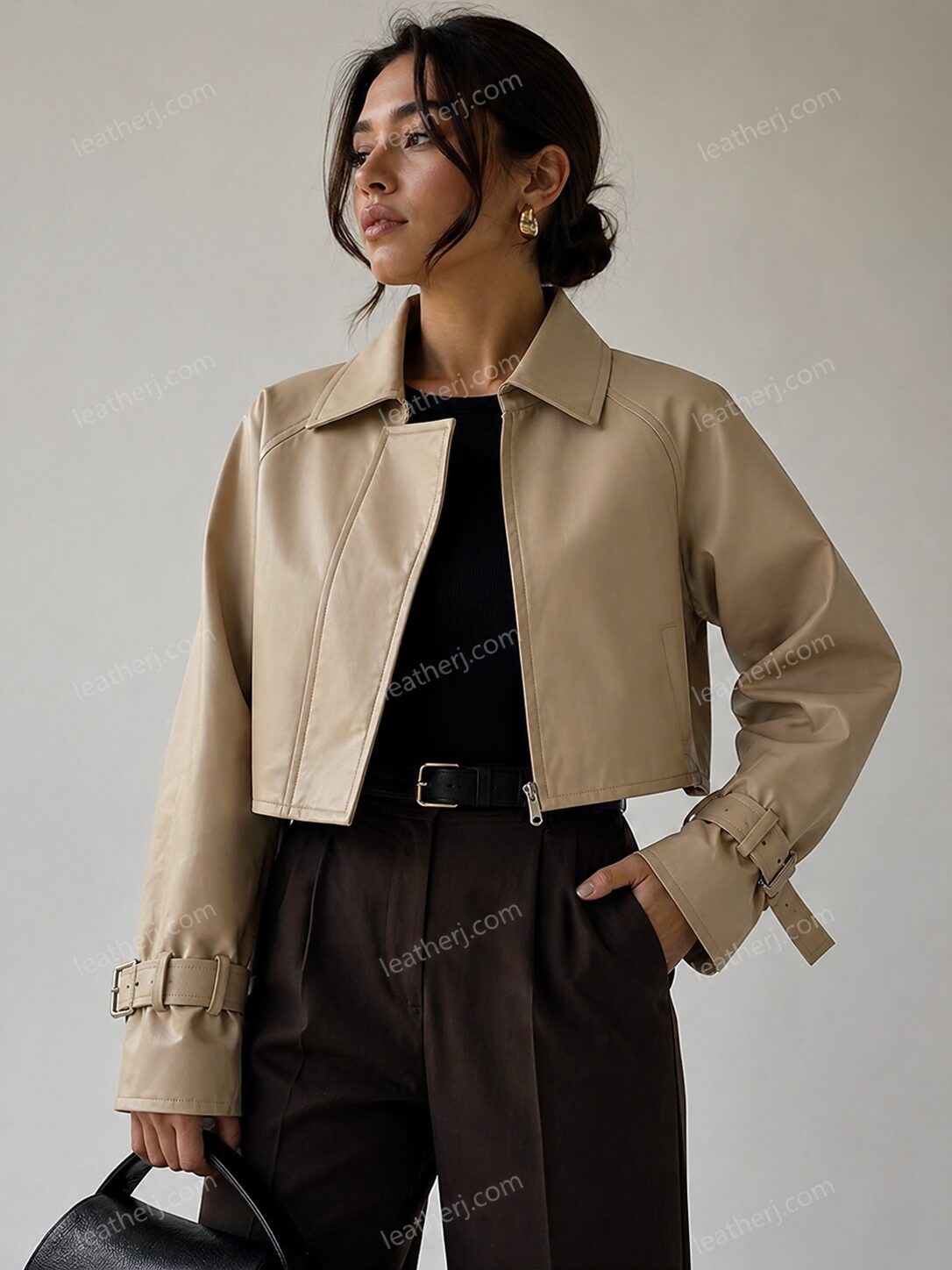 Beige Cropped Leather Jacket with Belted Cuffs – Modern Minimalist Style