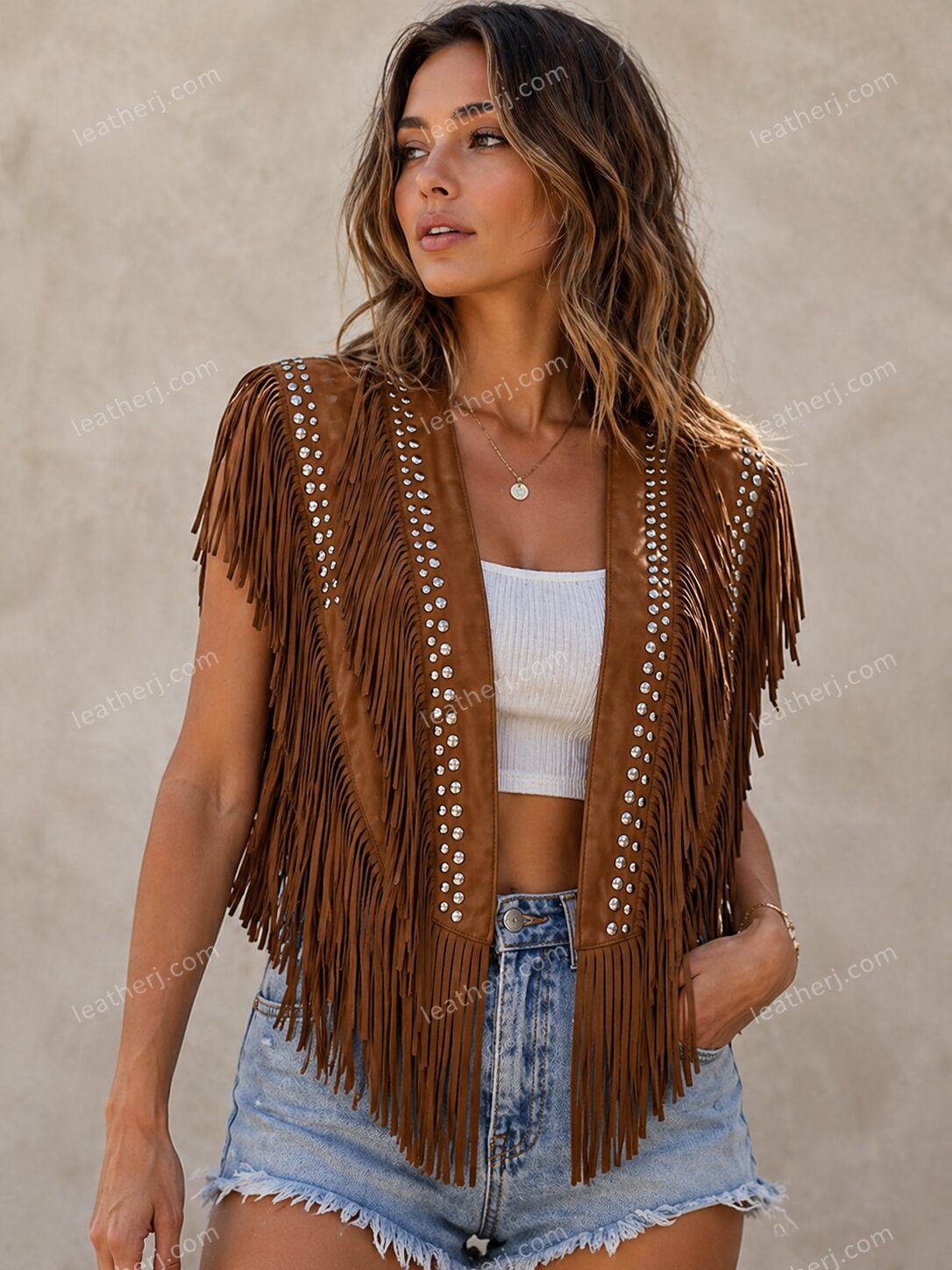 Boho Fringe Leather Vest with Studded Detailing – Western Chic Statement Piece