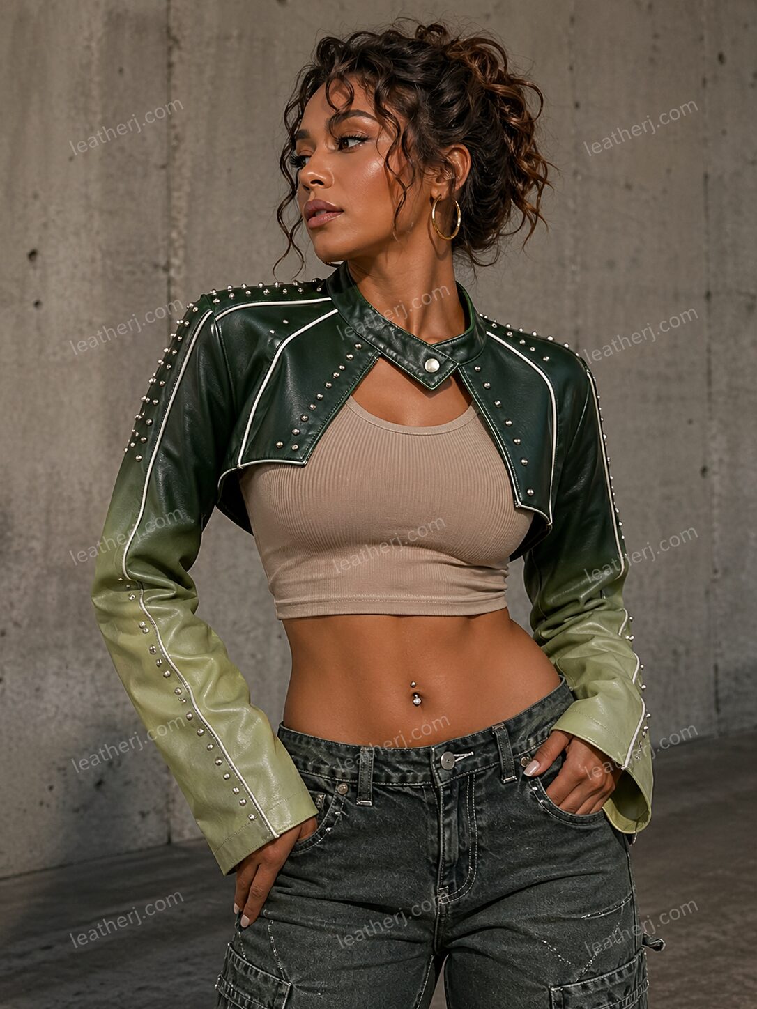 Dark Green Ombre Cropped Leather Jacket with Studded Detailing – Edgy Statement Piece