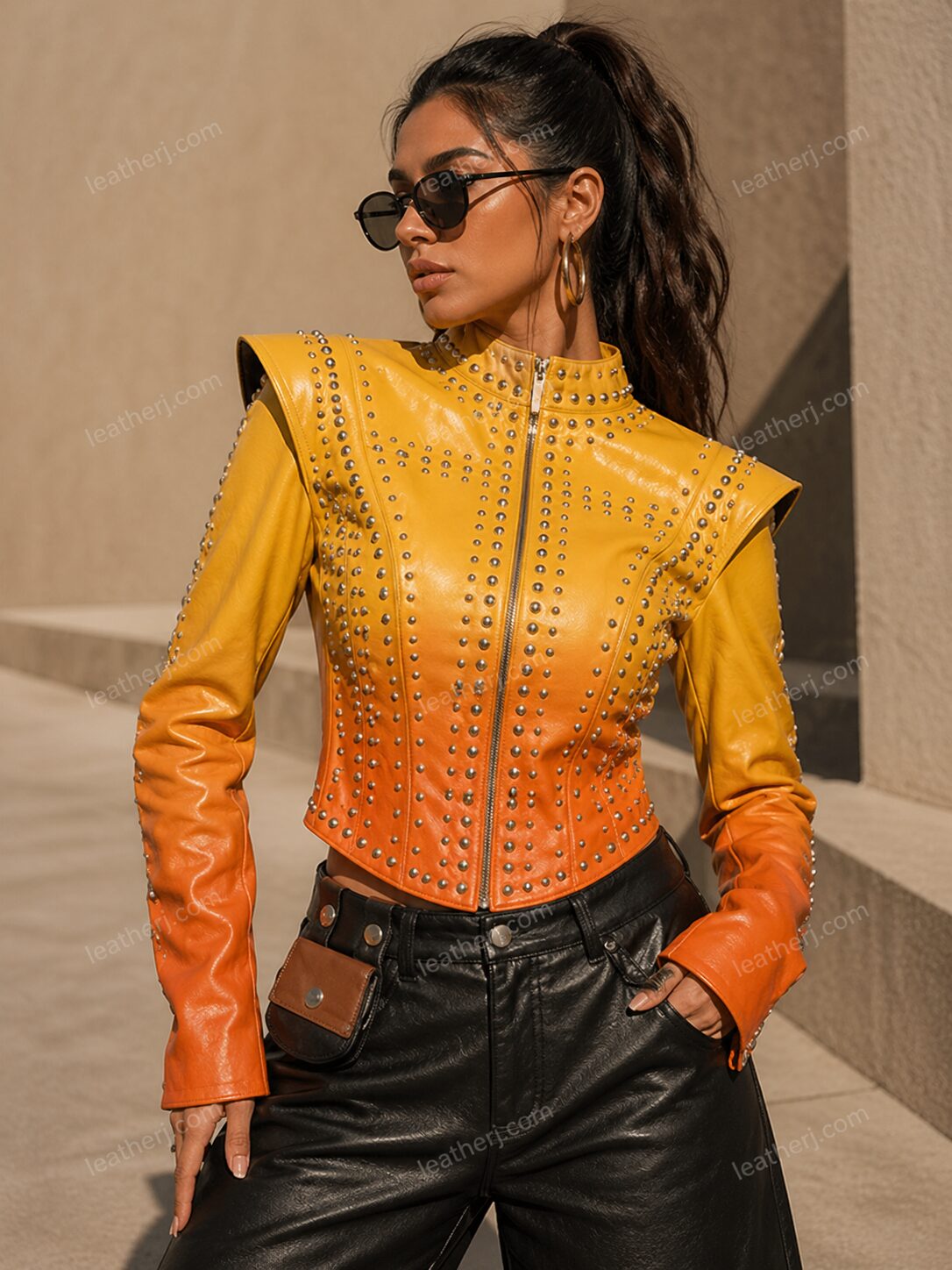Yellow to Orange Ombre Studded Leather Jacket – Bold Cropped Statement Design