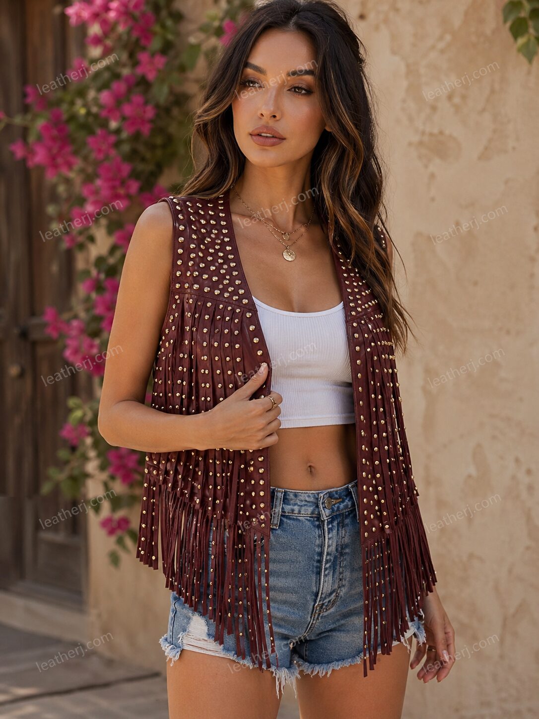 Maroon Studded Fringe Leather Vest – Boho Luxe Statement Piece