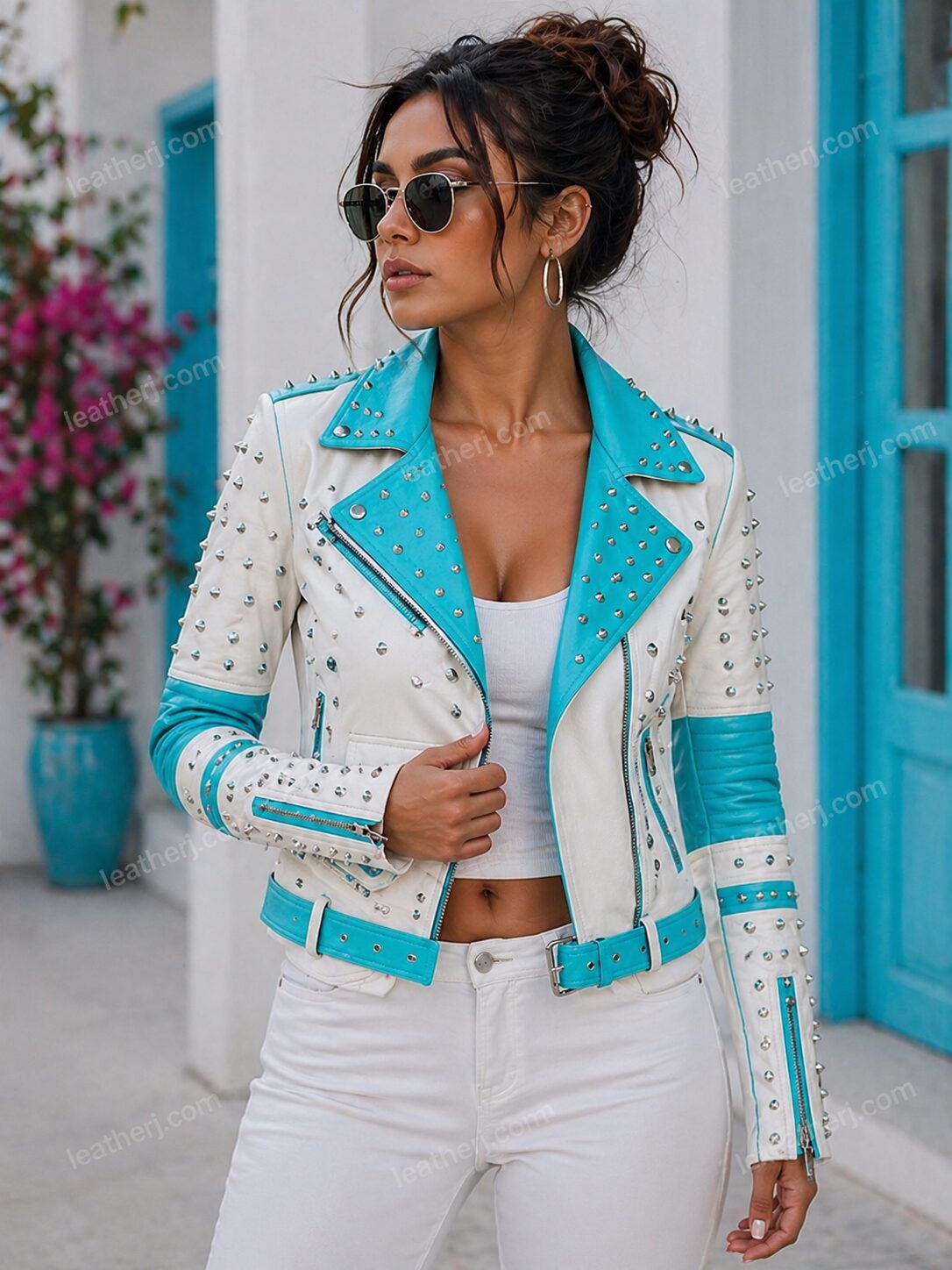 White & Turquoise Studded Leather Biker Jacket – Bold Contrast Statement Piece