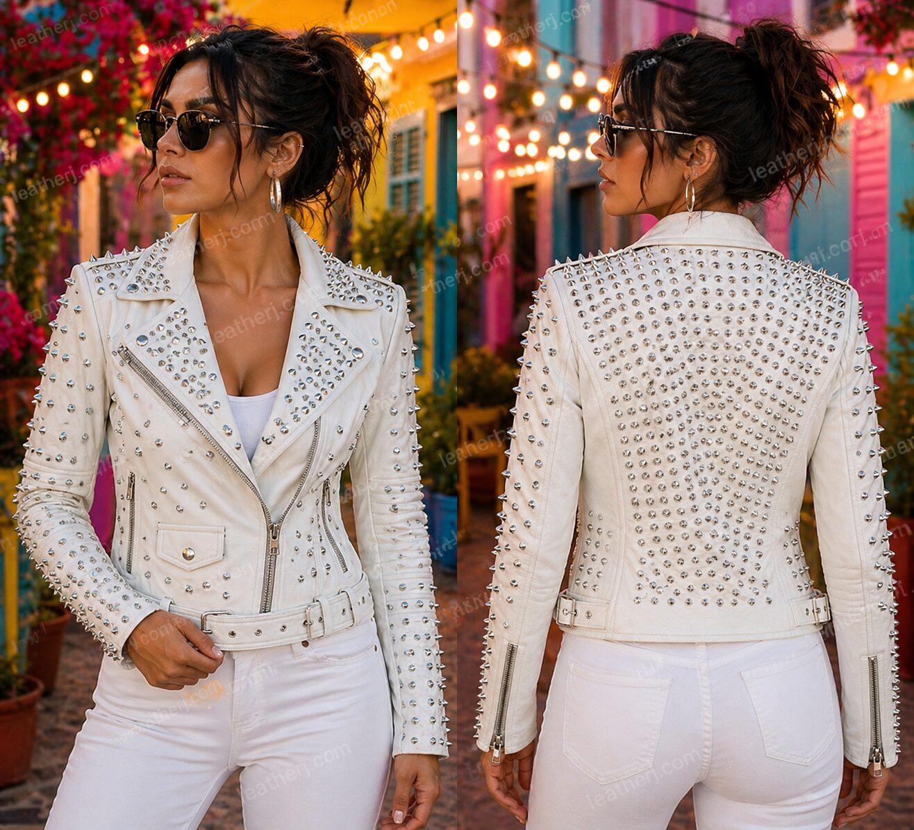 White Studded Leather Jacket – Front & Back Fully Embellished Statement Piece
