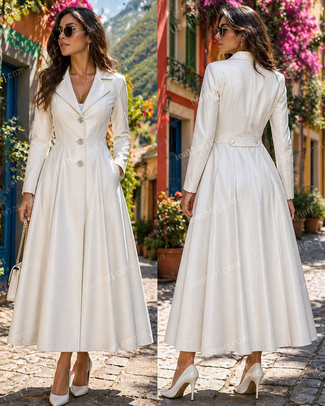 White Long Leather Coat for Women – Frock Style Elegant Fit