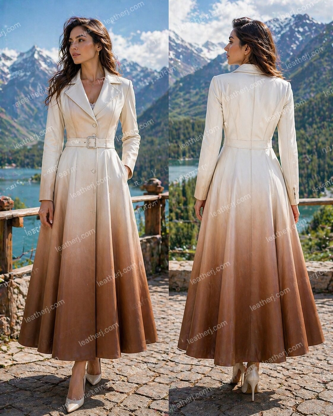 Off-White to Brown Ombre Long Leather Coat – Frock Style Elegant Design