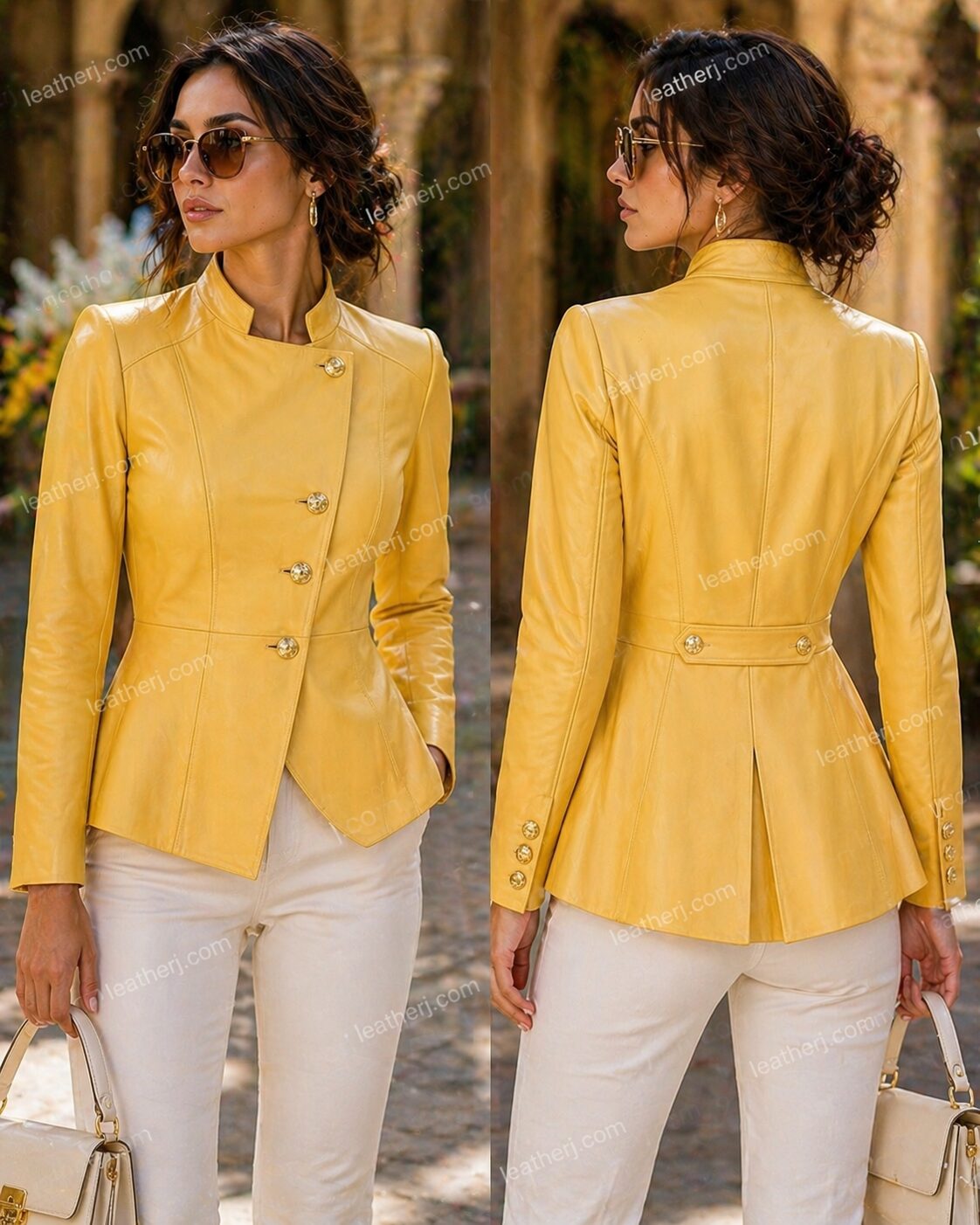 Elegant Yellow Leather Jacket for Women – Tailored Luxe Fit