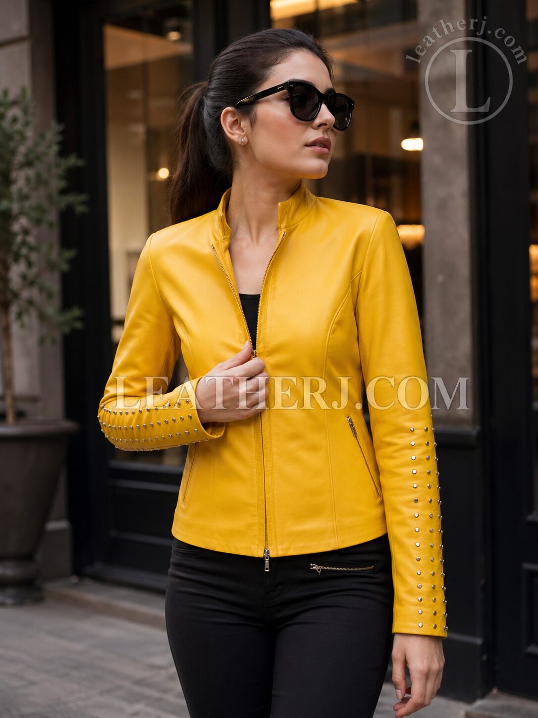 Women’s Yellow Leather Jacket – Minimal Plain Style with Sleeve Studs (Elbow Length Detail)