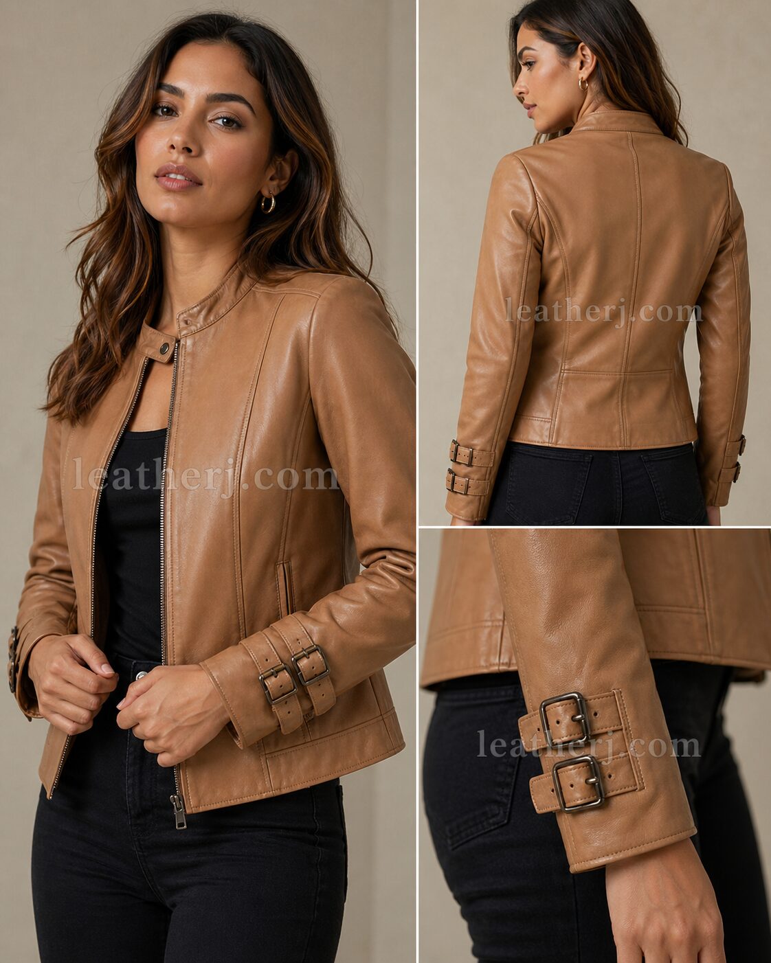Light Brown Women’s Leather Jacket with Buckled Sleeve Detail