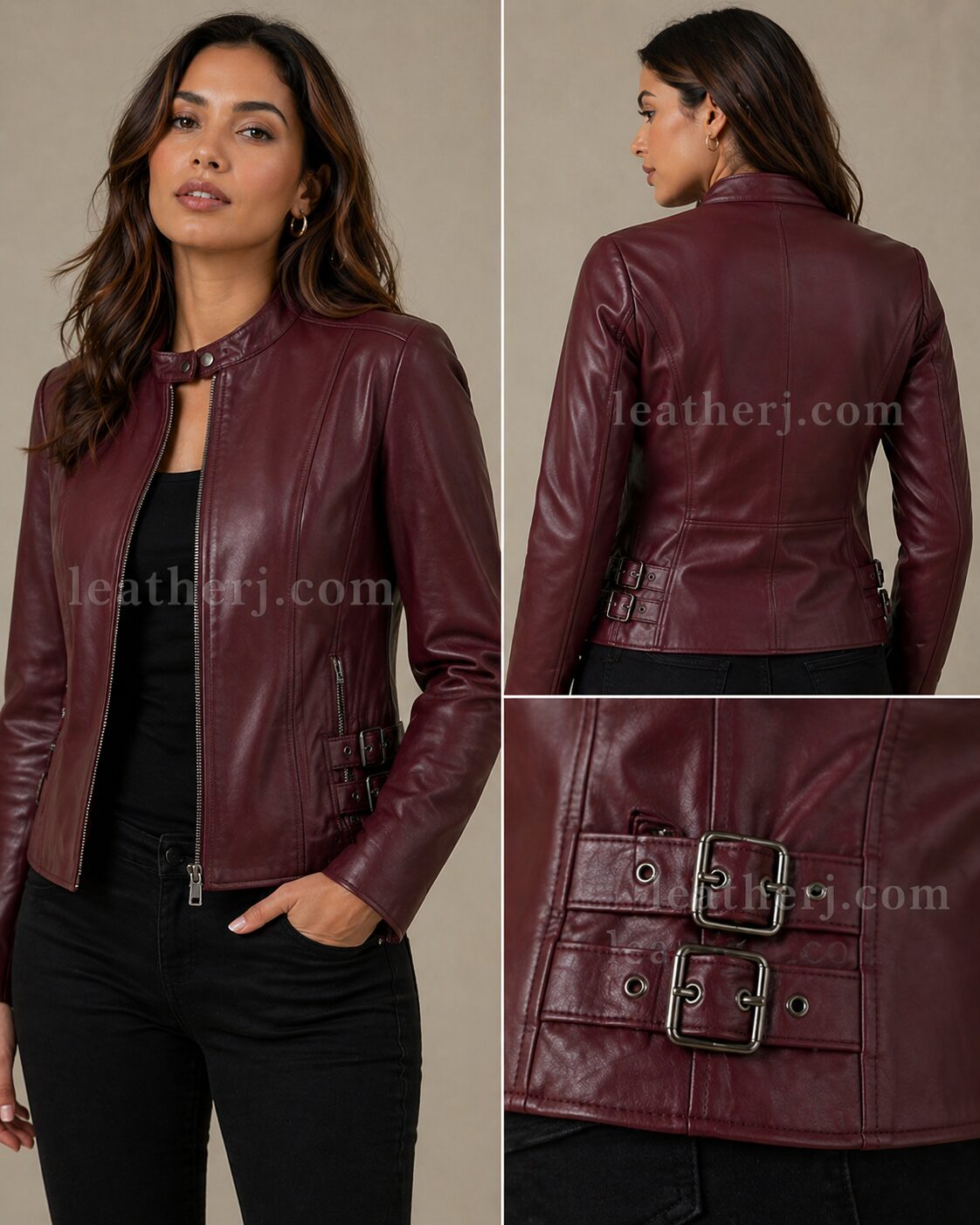 Blood Maroon Women’s Leather Jacket with Side Buckle Accents
