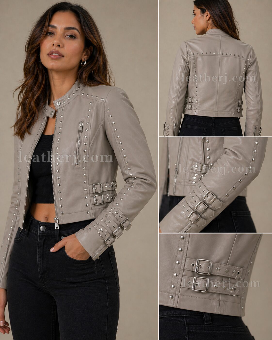 Dove Grey Cropped Women’s Leather Jacket with Studs & Buckle Details