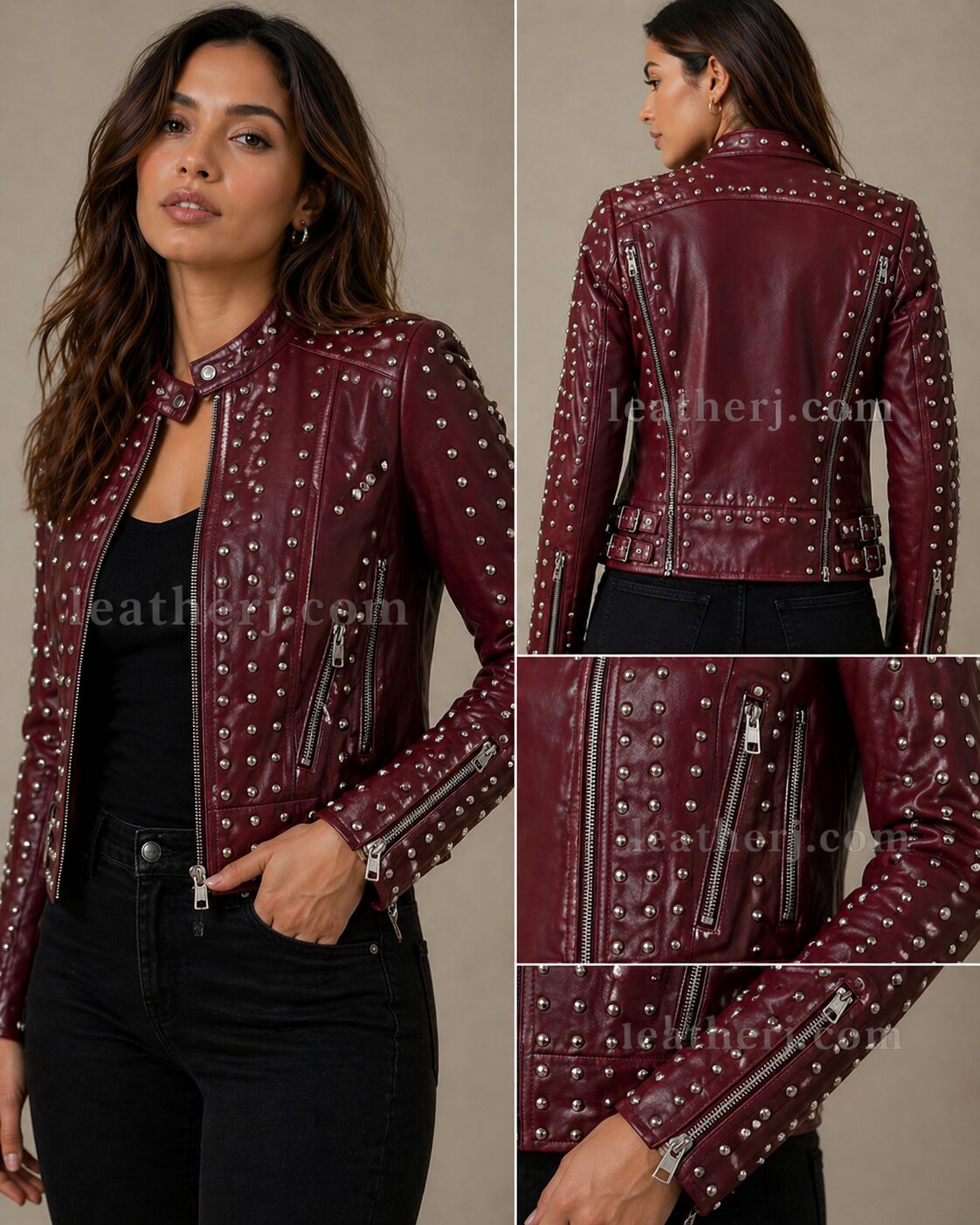 Burgundy Studded Women’s Leather Jacket with Multi-Zip Details